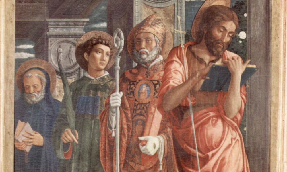 Mittelalterliche Darstellung der Heiligen Benedikt, Laurentius, Gregorius und Johannes des Täufers