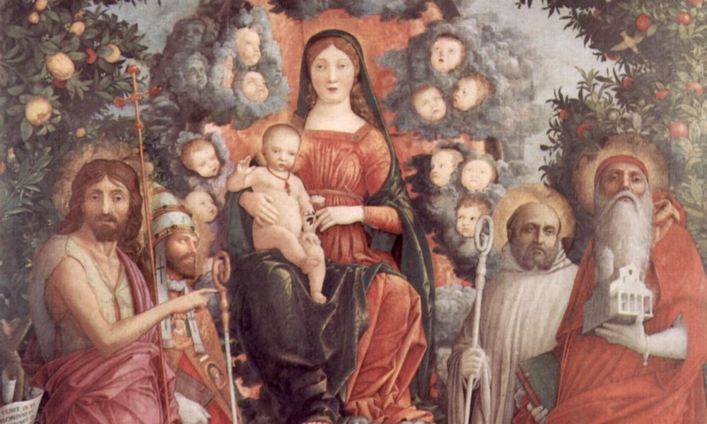 Mittelalterliche Darstellung einer Madonna mit Christuskind und Heiligen