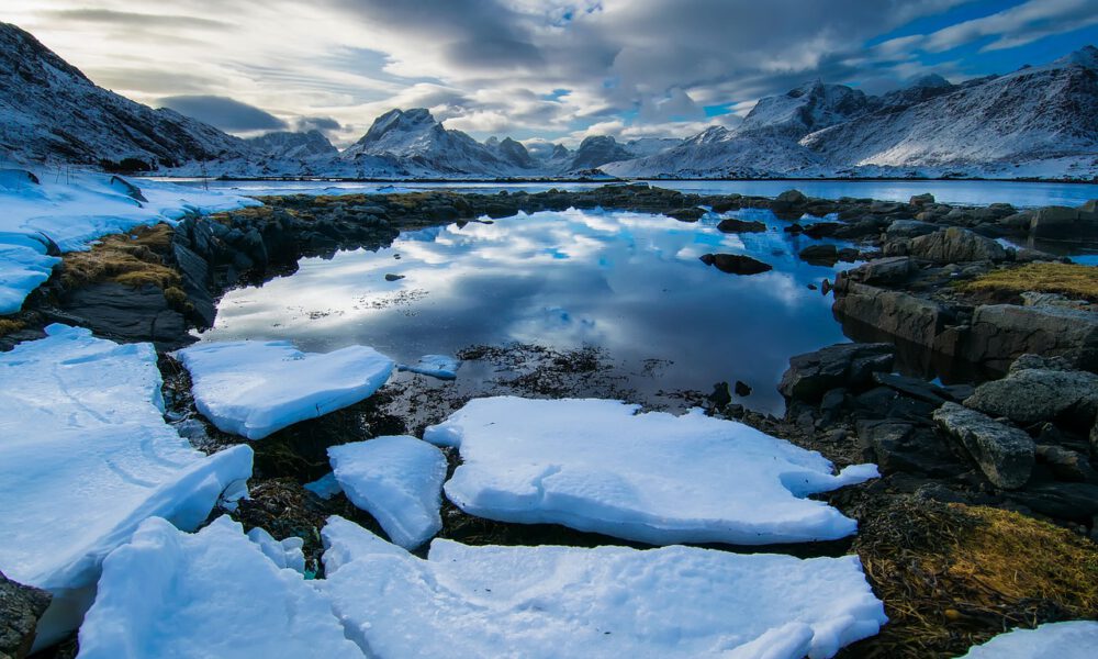 Norwegischer Fjord im Winter - im Hintergrund Berge