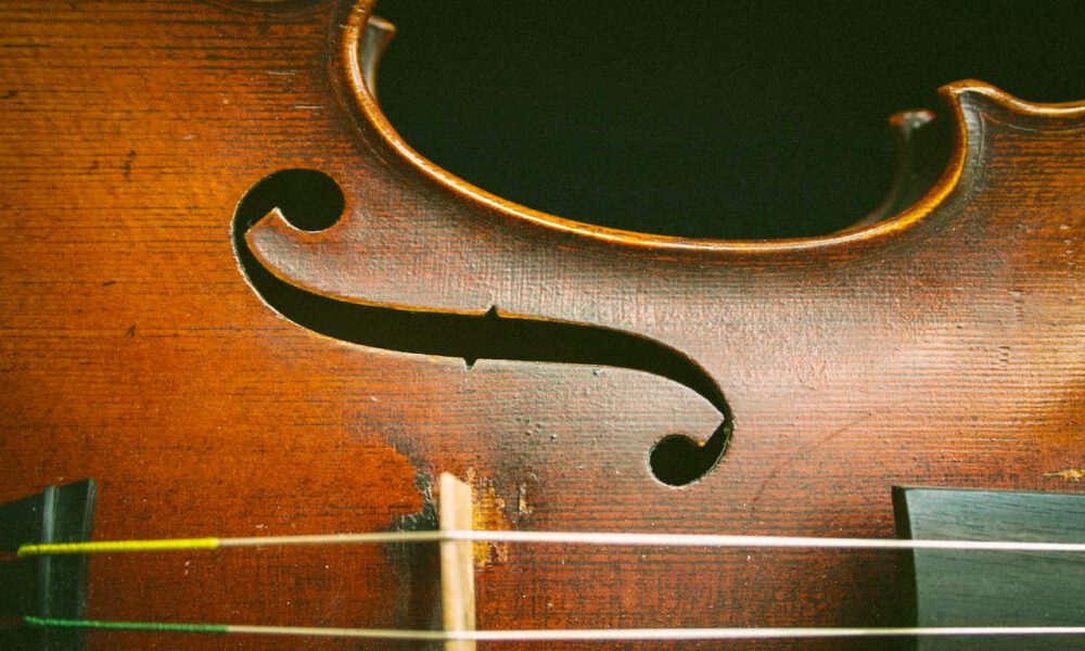 Detailaufnahme einer auf der Seite liegenden Violine